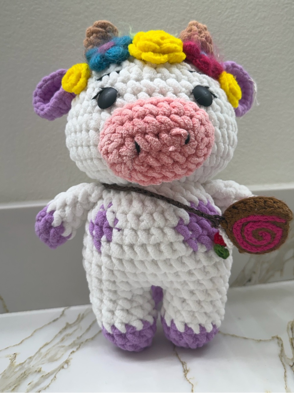 Handmade Plush Cow with Pink Snout & Purple Accents - Picture 2 of 4